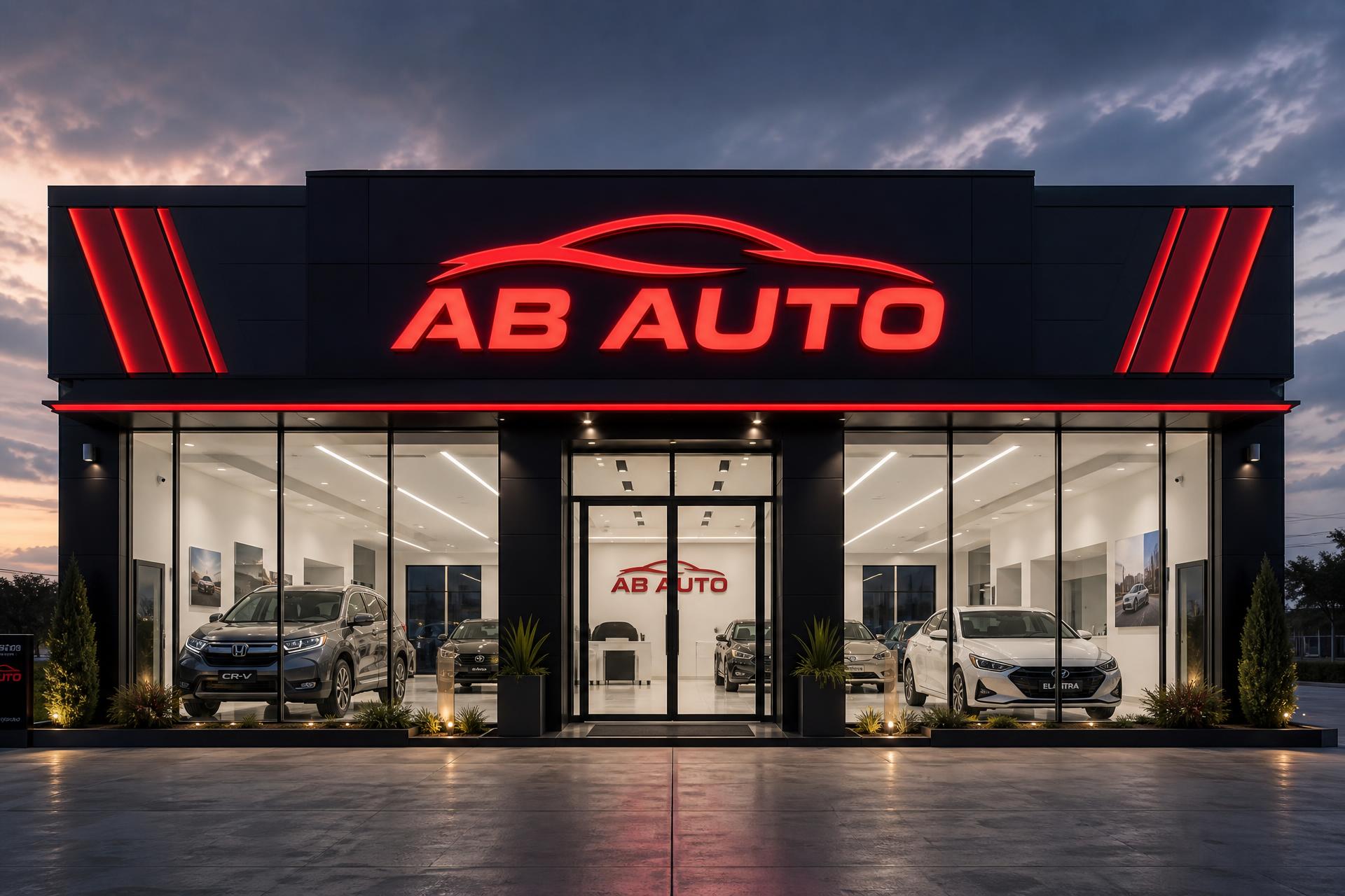 AB Auto premium dealership storefront lit at dusk
